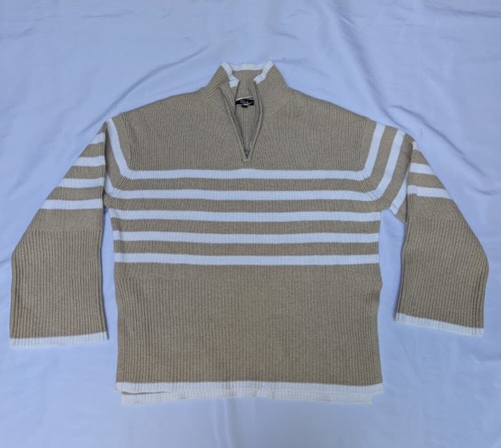 Rails Tessa Sand Stripe Tan and White Sweater Size Small Half Zip Wool Cotton